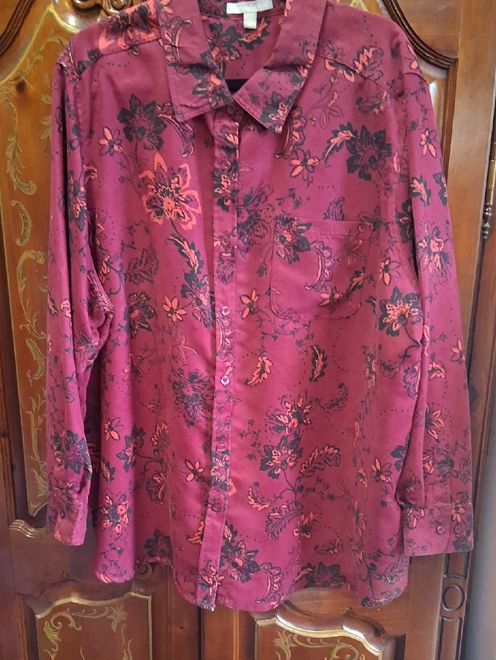 Woman Within Maroon Floral Button-Down Shirt